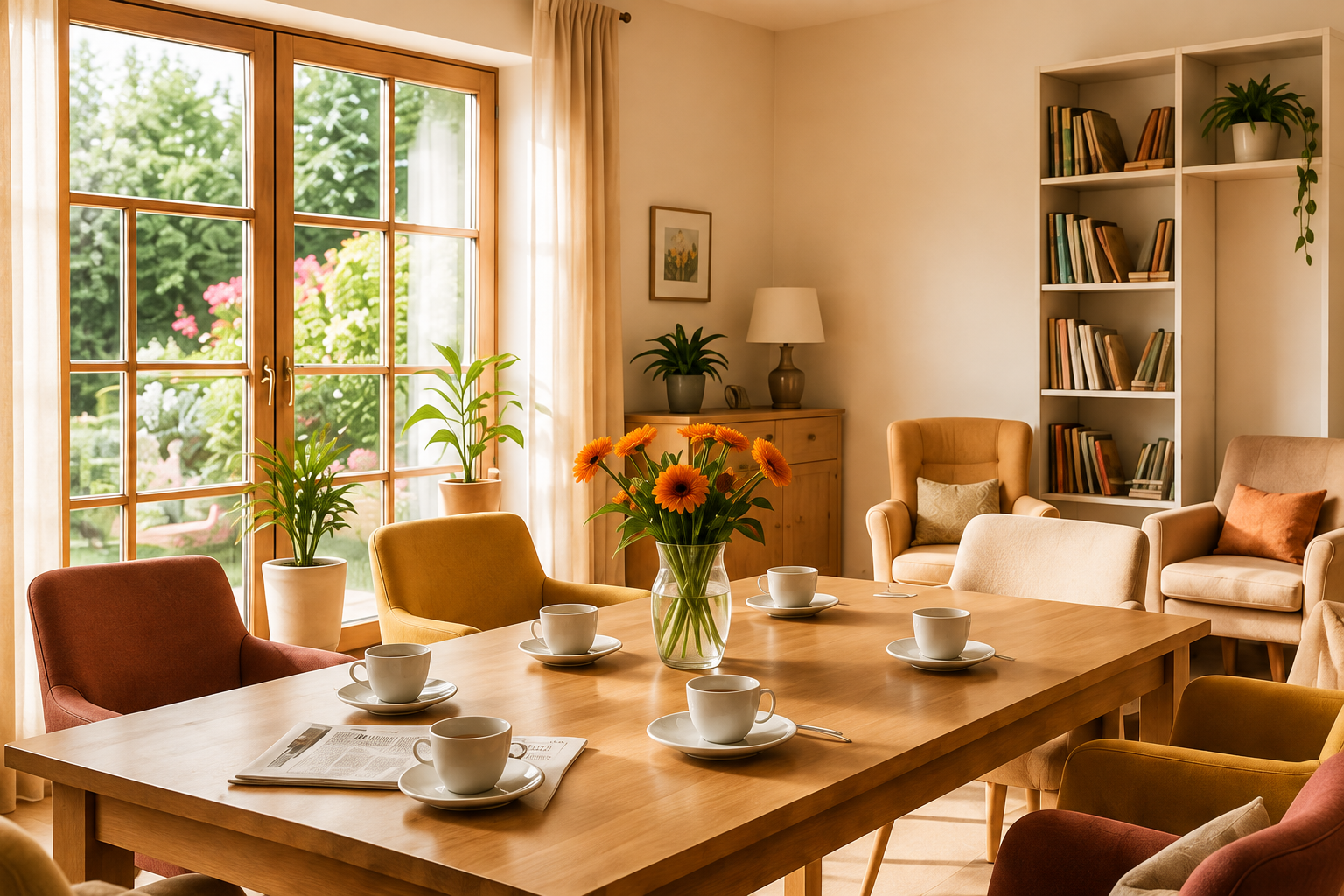Warmer Aufenthaltsraum mit großem Holztisch, Sesseln, Pflanzen und Blick in den Garten